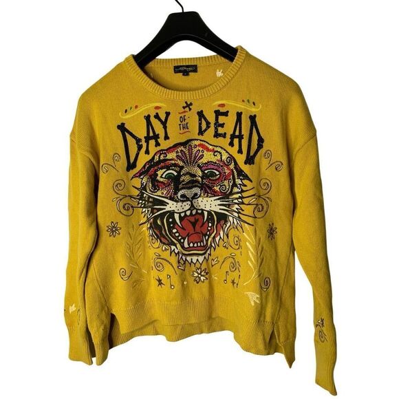Ed Hardy Sweaters - Y2K Vintage 2000's Ed Hardy Day of the Dead sweater yellow size small